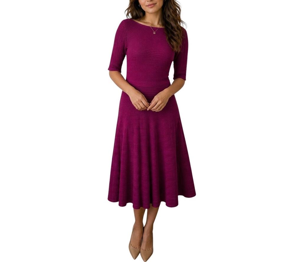Ivanka Trump Fit Flare Ribbed Sweater Dress Womens M Berry Magenta Romantic